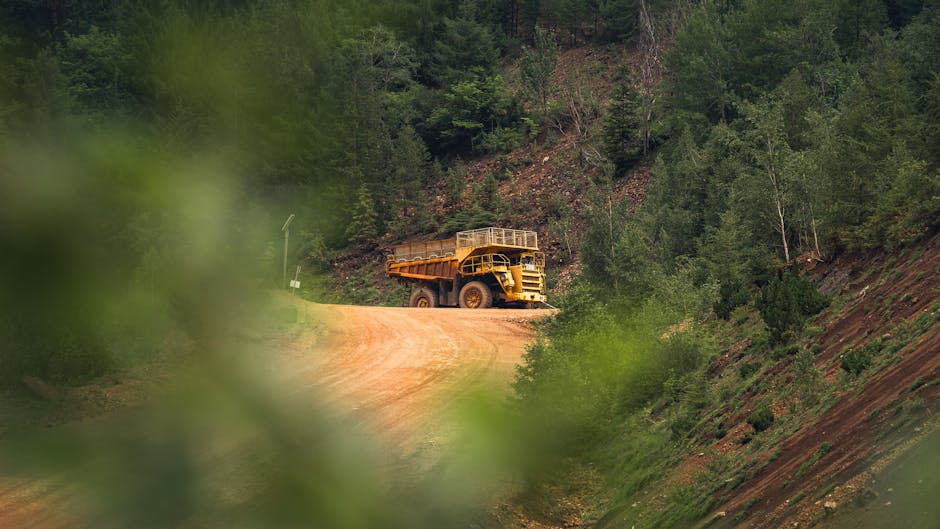 A massive yellow dump truck traverses a dirt road surrounded by dense woodland.